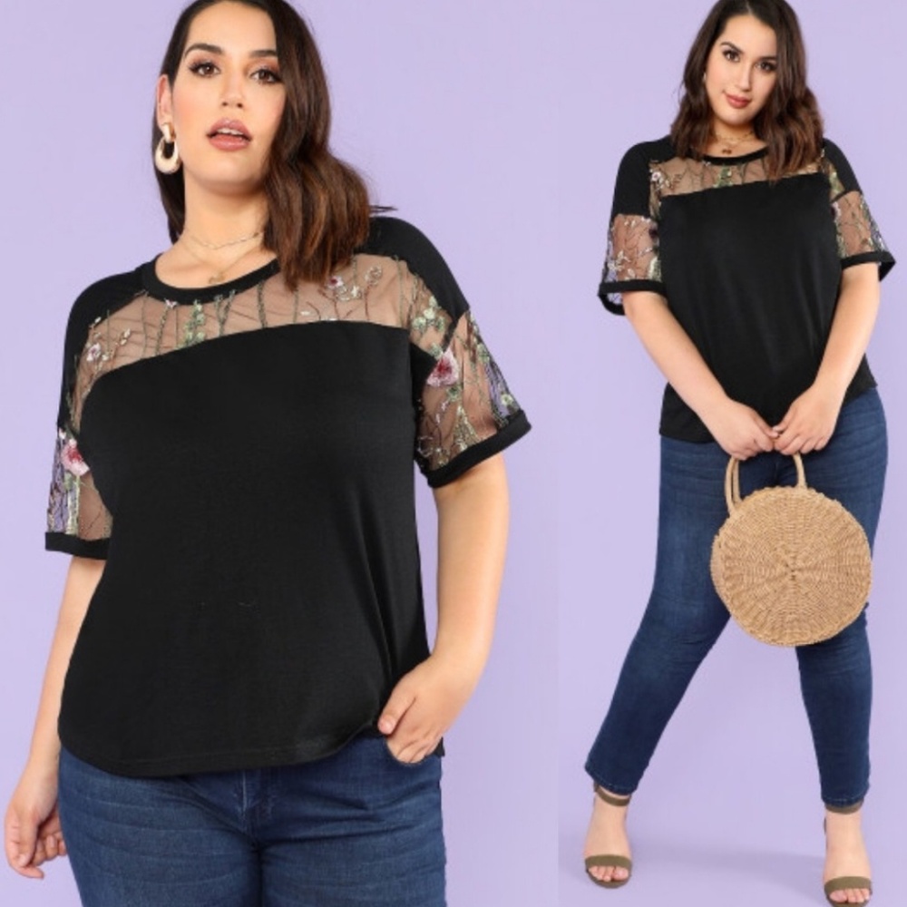NWT BLACK WITH FLORAL EMBROIDERED MESH TUNIC